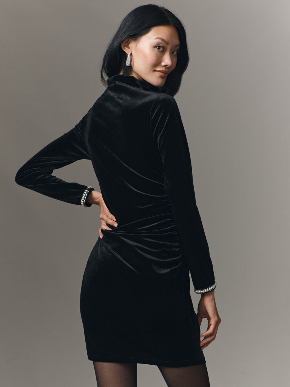 The Maya Ruched Cowl-Neck Shine Cuff Mesh Velvet Mini Dress